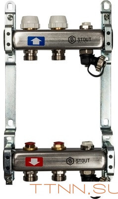 Коллектор с запорными клапанами STOUT SMS-0932-000002; с клапаном выпуска воздуха и сливом