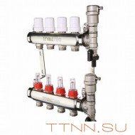 Коллекторная группа VALTEC VTc.589.EMNX.0605 1" х 3/4" на 5 выходов из нерж.стали c термостатическими клапанами и расходомерами