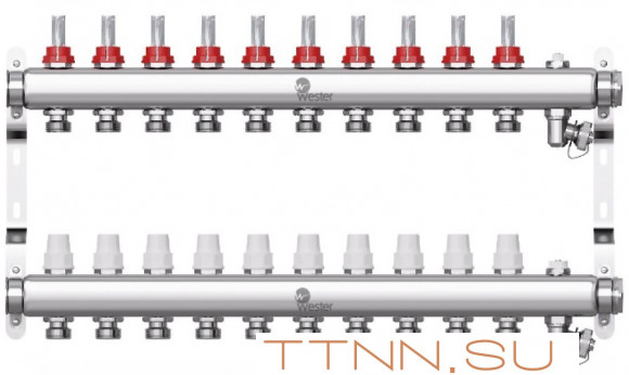 Коллектор для теплого пола Wester 1"-3/4 в сборе с расходомерами на 10 выходов