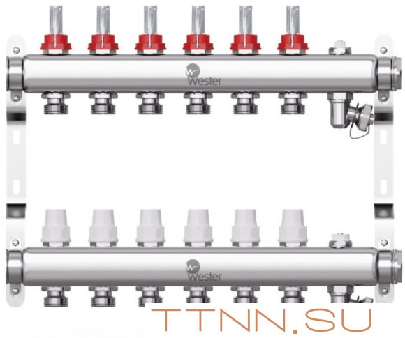 Коллектор для теплого пола Wester 1"-3/4 в сборе с расходомерами на 6 выходов